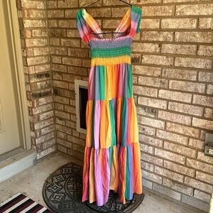 NOS Vintage Sz 14 Rainbow Dress Maxi USA Made Cotton Blend As Is Shoulde…